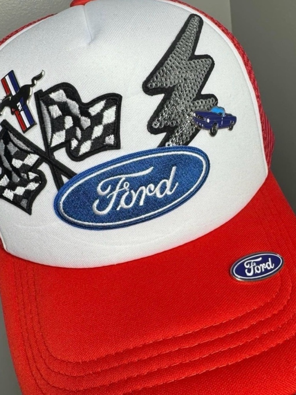 Ford Red & White Racing Patch Logo Trucker Hat with patches and pins